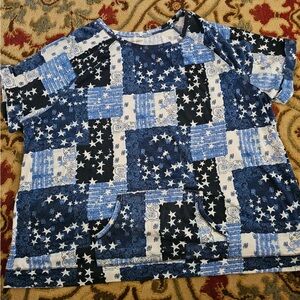Woman Within Blue and Black Patchwork Star Tee with Front Pocket